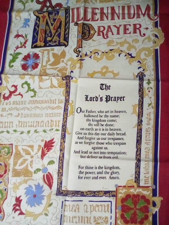 Vintage Cotton Tea Towel, Millennium Prayer Fabric Towel, The Lord's Prayer Souvenir Vintage Cotton Towel