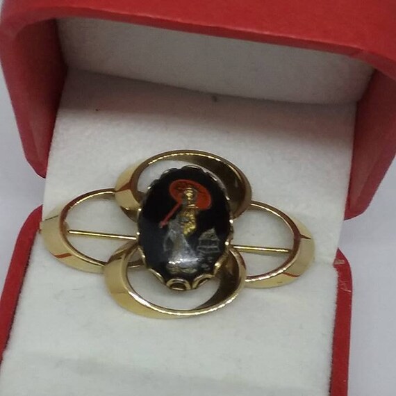Vintage Damascene Brooch, Asian Woman with Parasol
