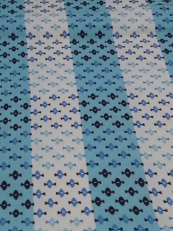 1960's 1 Yard Cotton Material, Black Diamonds on Blue and White Fabric,