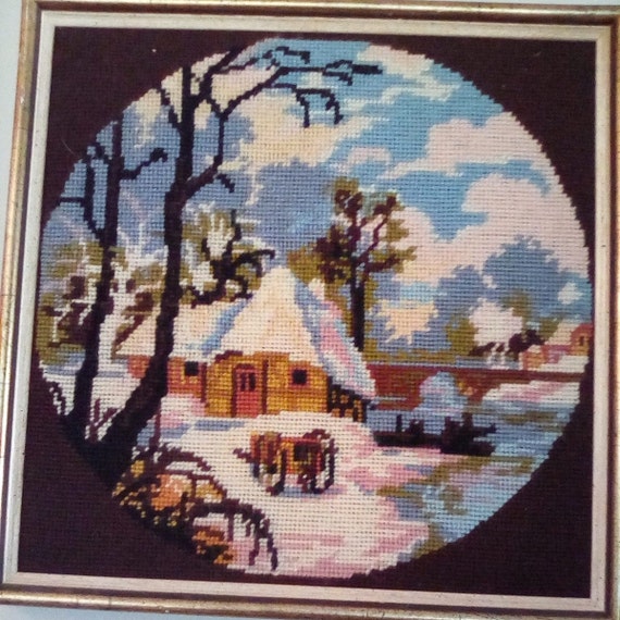 Framed Needlepoint, Needlepoint Landscape, Vintage Needlepoint
