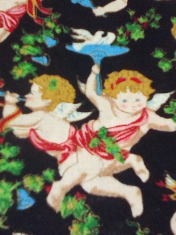 1 Yard Christmas Novelty Fabric, Cherubs Christmas Fabric, Christmas Angels and Holly Print Fabric