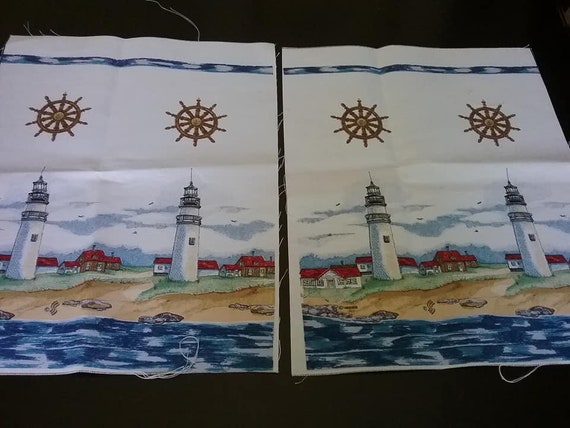 2 Panels Nautical Lighthouse Fabric, 100% Cotton Canvas,