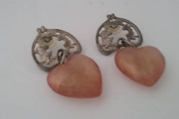 Vintage Heart Earrings, Vintage Lucite Pink Heart Silver Filigree, Lucite Dangle Hearts from Filigree Hearts, Vintage Pierced Heart Dangler