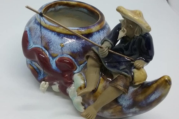 Mudman Planter, Asian Mudman Fisherman Planter, Clay Asian Pottery, Mudman Collectibe