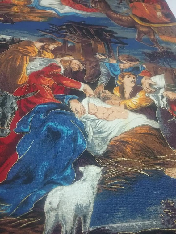 Cotton Christmas Material, Jesus is Born, Nativity Scene Print, Remnant 1/2 Yard Fabric