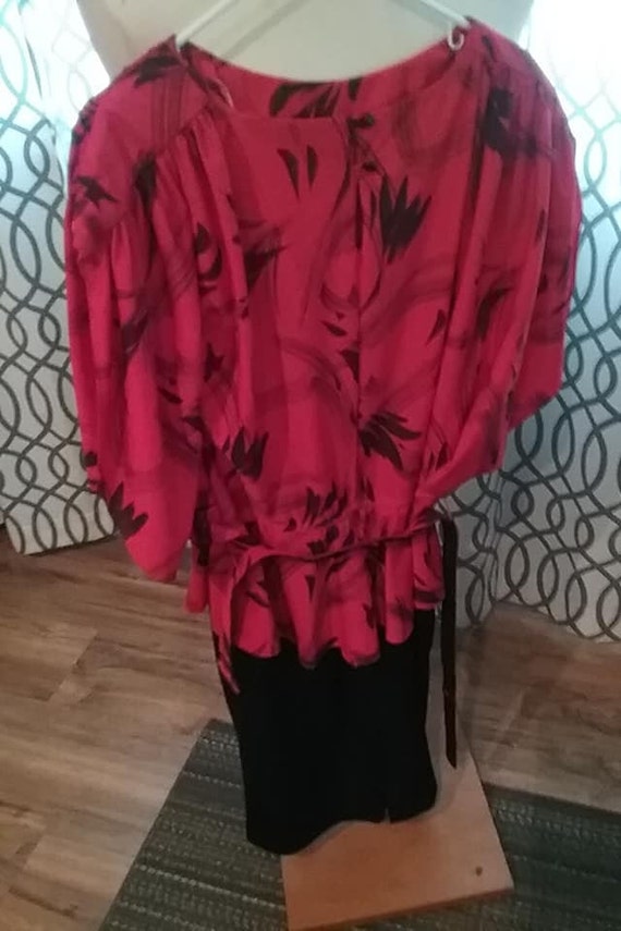 80's Peplum Dress, Vintage Batwing Flutter Sleeve Dress, Size Large Red and Black
