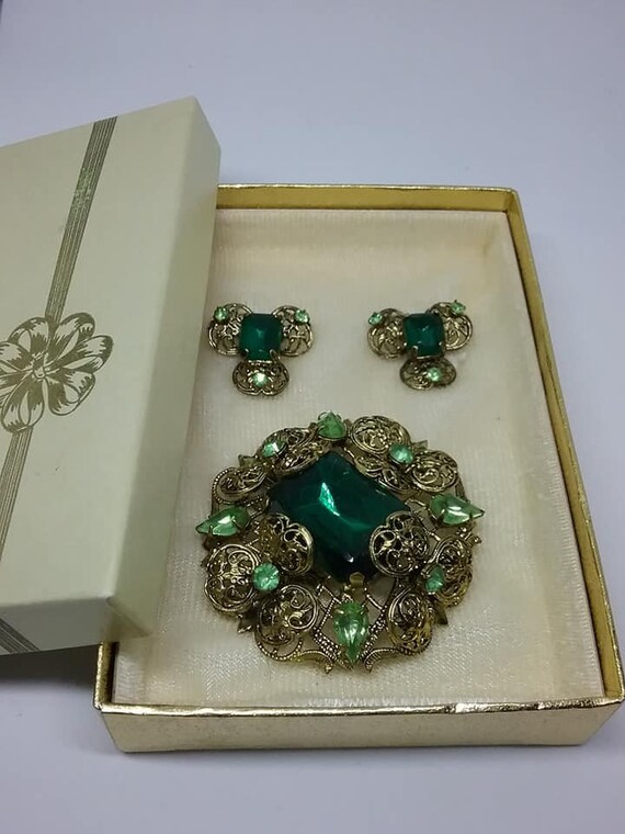 Vintage Coro Brooch and Earrings Set, Original Box, Old Hollywood Glam