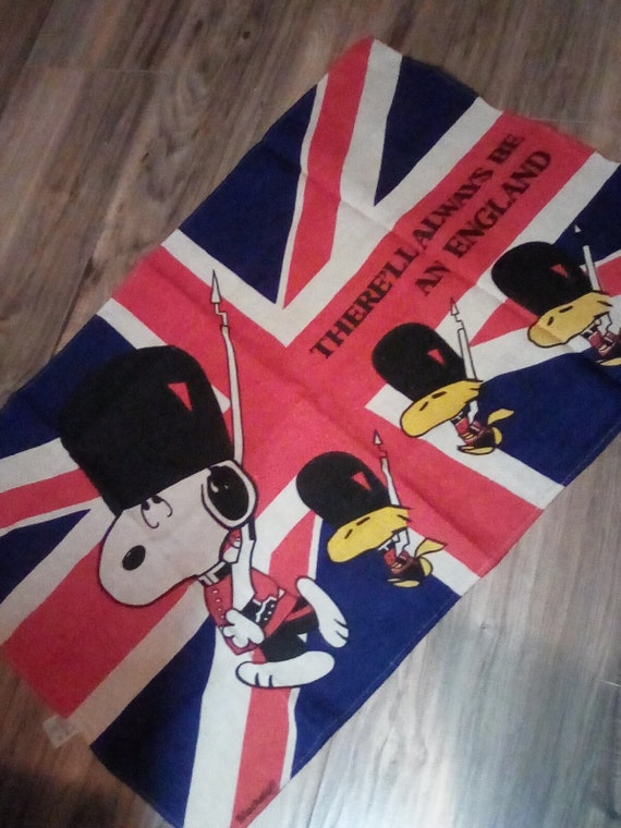 Vintage Fabric Wall Hanging, Snoopy and Woodstock on Union Jack Flag, There'll Always be an England 1965 Peanuts British Tea Towel