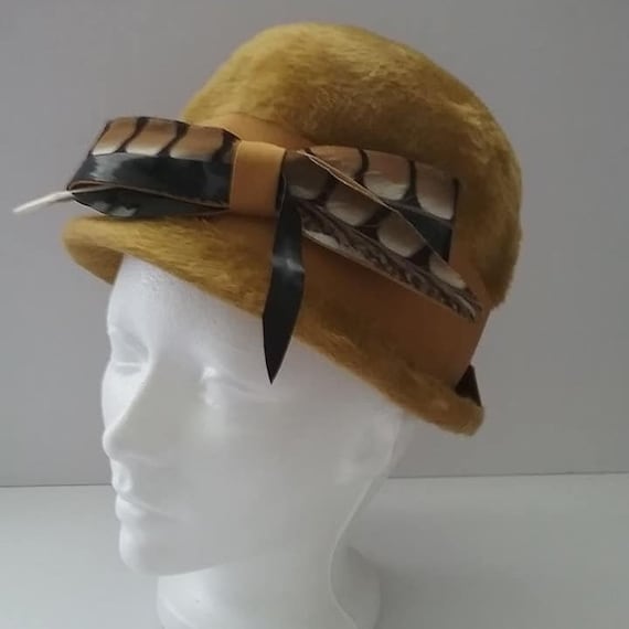 Vintage Faux Fur Bucket Hat, with Bow and Feather,