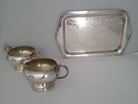 Vintage Silver Cream and Sugar with Tray, Cream and Sugar with Tray, Silver Creamer and Sugar Bowl with Tray, Vintage Silver Tea Set