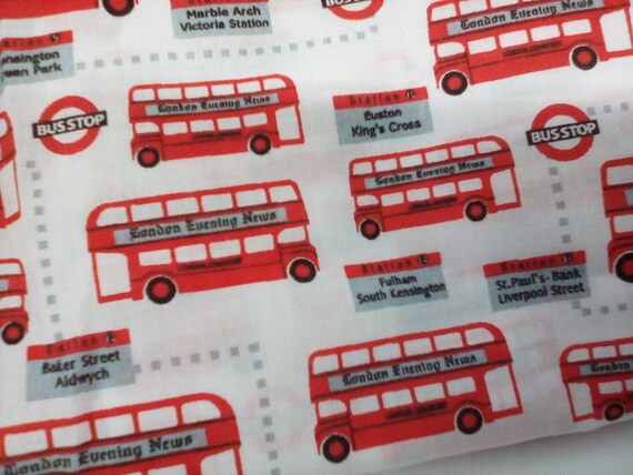 2 Yards London Busses Fabric, British Poly/Cotton Fabric, London Theme Material