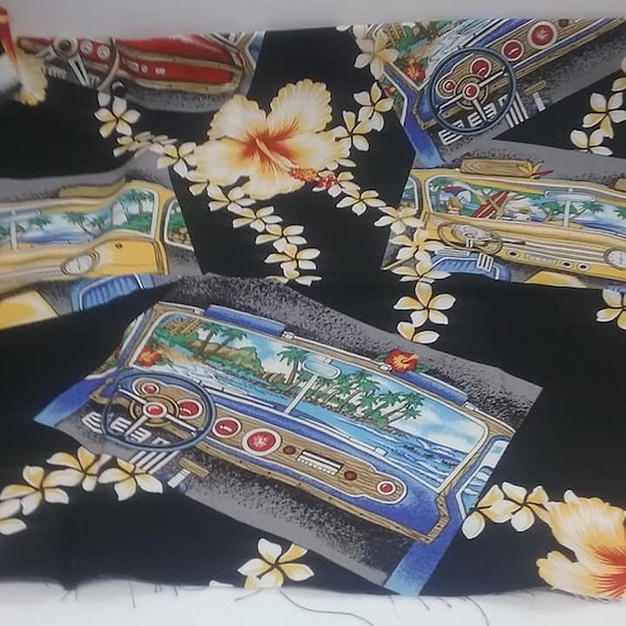Novelty Hawaiian Fabric, Car Dashboard, Hibiscus and Tiki, Rayon Blend Fabric