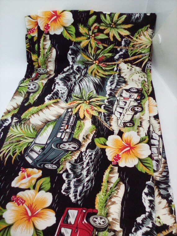 2 Yards Hawaiian Theme Fabric, Cotton Novelty Fabric, Hawaiian Florals and Trucks on Black Background
