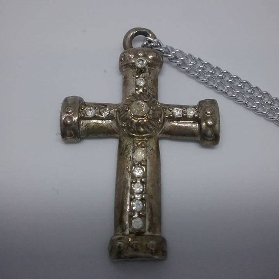 Vintage Pewter and Rhinestones Medieval style Cross,