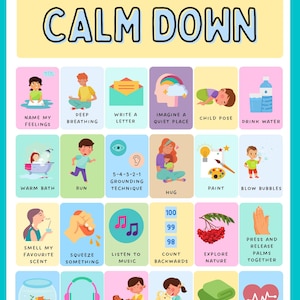 Op de afbeelding: Een kleurrijke poster getiteld "Dingen die ik kan doen als ik me moet kalmeren." De poster bevat geïllustreerde suggesties zoals diep ademhalen, water drinken en naar muziek luisteren. De illustraties staan in een raster.