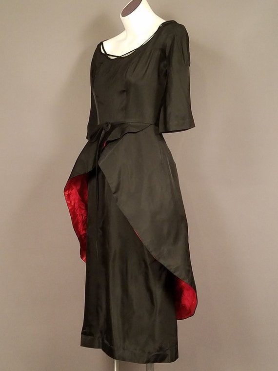 Black 1950's Cocktail Dress with Red Peplum, Black