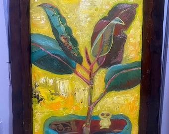 Pintura al óleo, "Planta de caucho con extraterrestre", óleo sobre tabla, enmarcada, 56 x 73 cm, obra original, plantas