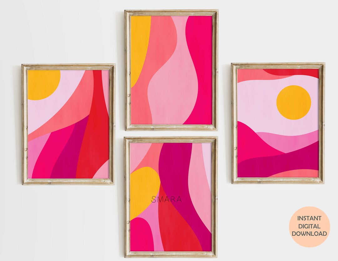 Printable Abstract Wave Wall Art Hot Pink Yellow Magenta Etsy