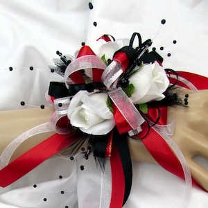 Red Black and White Wrist Corsage with Bling