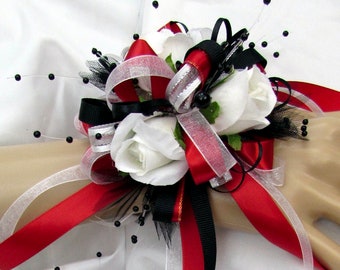 Red Black and White Wrist Corsage with Bling