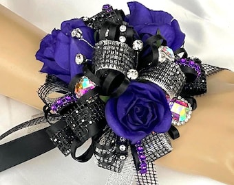 Deep Purple Rosebud Wrist Corsage with Bling, Boutonniere, Prom, HOCO, Formal Event
