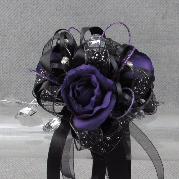 Dark Purple Silk Rosebud Wrist Corsage with Bling or Boutonniere