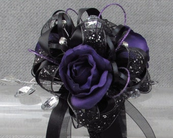 Dark Purple Silk Rosebud Wrist Corsage with Bling or Boutonniere