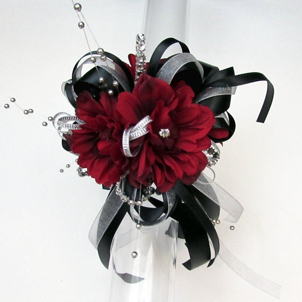 Black and Red Wrist Corsage with Rhinestones or Boutonniere