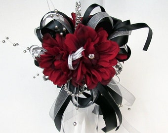 Black and Red Wrist Corsage with Rhinestones or Boutonniere