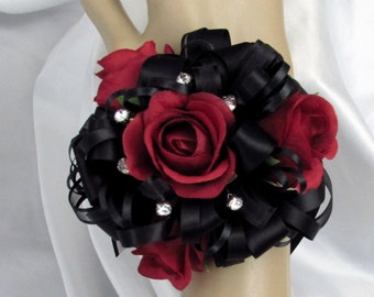 Black and Red Wrist Corsage and Boutonniere