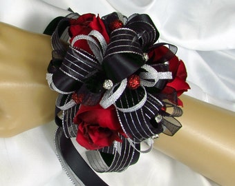 Black Red Silver Stripe Wrist Corsage