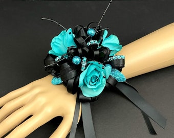 Turquoise and Black Wrist Corsage, Boutonniere, Prom Corsage, High School Dance, Bling Corsage