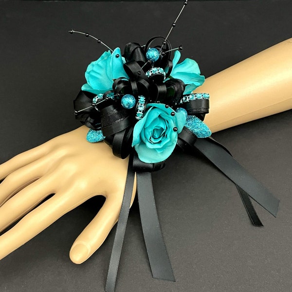 Turquoise and Black Wrist Corsage, Boutonniere, Prom Corsage, High School Dance, Bling Corsage