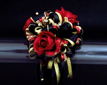 Red Black and Gold Wrist Corsage