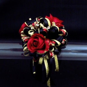 Red Black and Gold Wrist Corsage