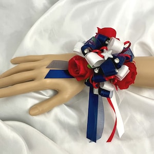 Red White and Blue Wrist Corsage or Boutonniere, American Flag Colors, Star Corsage, Americana