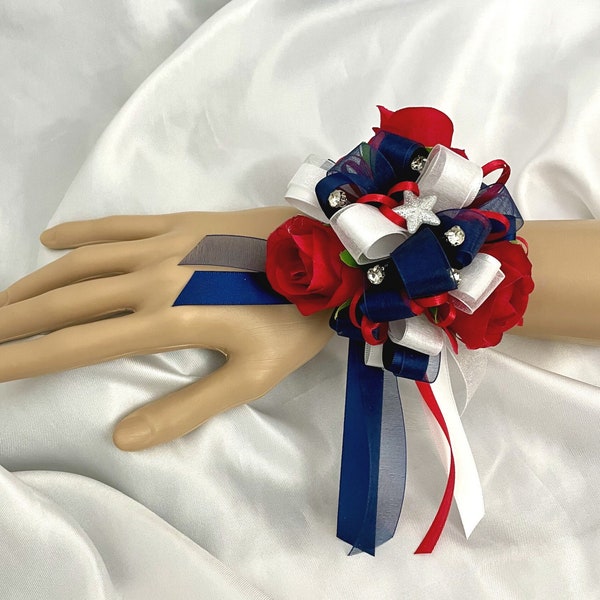 Red White and Blue Wrist Corsage or Boutonniere, Star Corsage, Americana