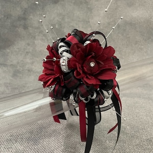 Burgundy Daisy and Black Wrist Corsage or Boutonniere, Prom, Formal