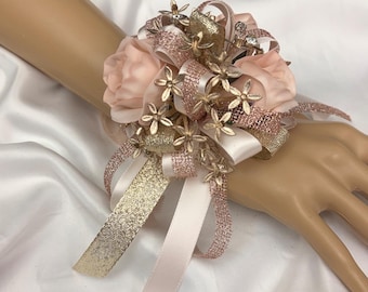 Rose Gold, Champagne Gold, Silk Pink Rosebud Wrist Corsage or Boutonniere, Prom, HOCO