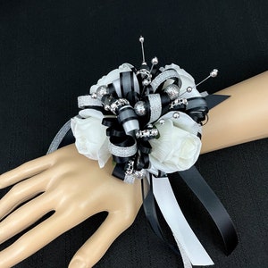 Sparkly Silver Black and White Silk Rosebud Wrist Corsage or Boutonniere, Prom Corsage, White Flowers, Silver Bling