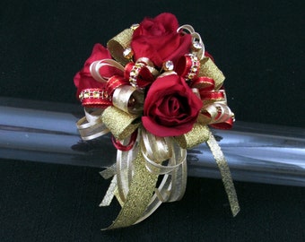 Glitzy Gold and Red Wrist Corsage