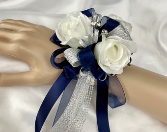 Navy Silver and White Silk Rosebud Wrist Corsage or Boutonniere