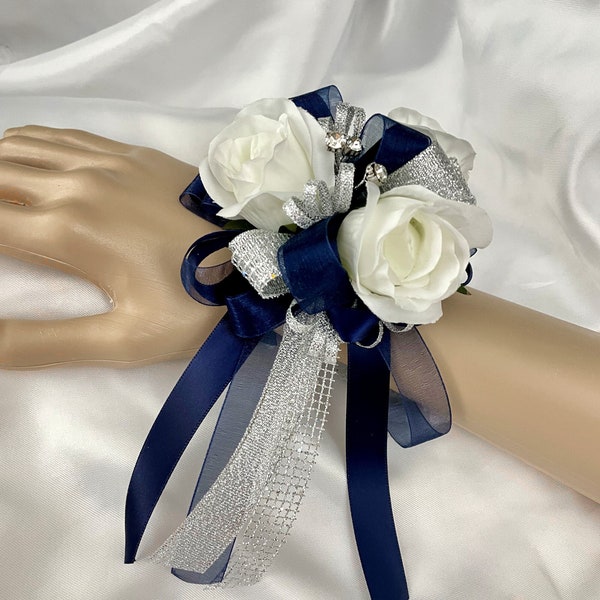 Navy Silver and White Silk Rosebud Wrist Corsage or Boutonniere