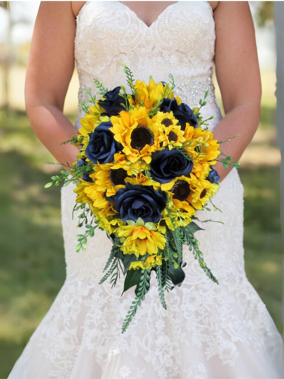 Sunflower and Navy Roses Wedding Floral Bridal Bouquet Bridesmaid Bouquet Boutonniere Flower Crown Etsy