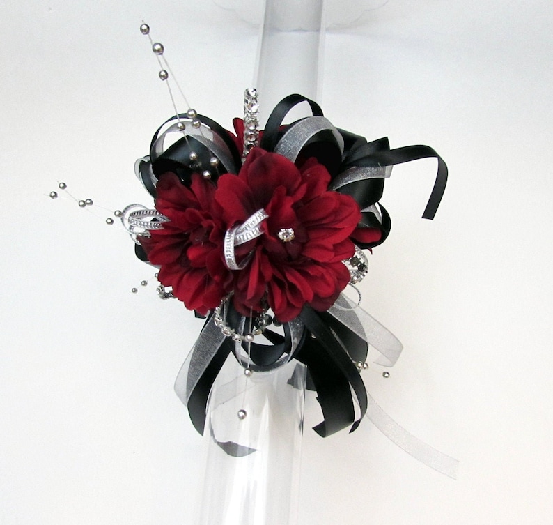 Black and Red Wrist Corsage with Rhinestones 