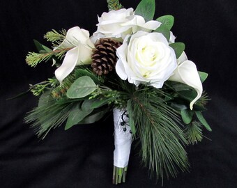 White and Green Pine Artificial Wedding Bouquet, Winter Wedding