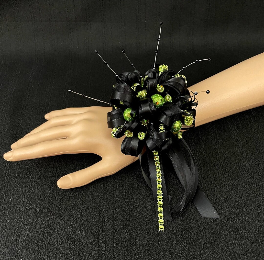 Fun Sparkly Lime Green and Black Wrist Corsage or Boutonniere Etsy