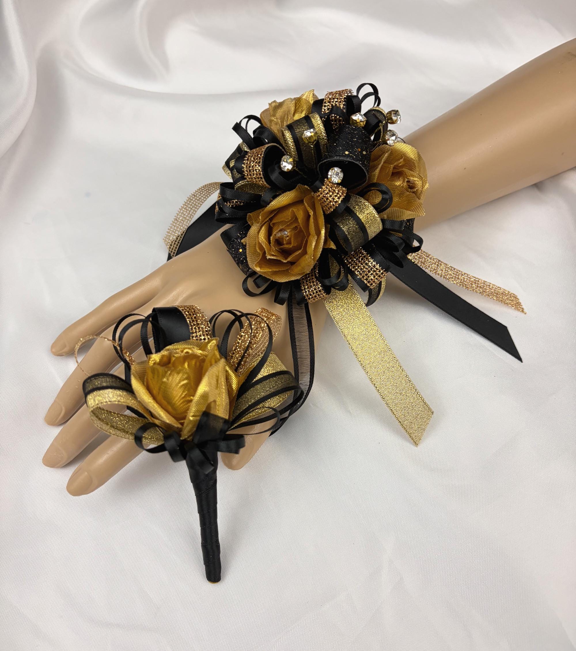 corsage for black and gold dress Moya Black & Gold Bodycon Midi Dress With Corsage Detail – Club L London main image 1