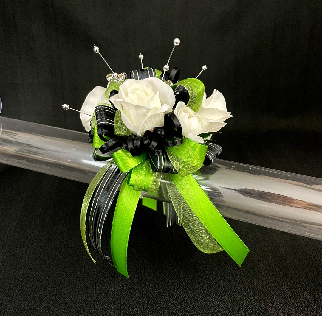Lime Green Black White Wrist Corsage or Boutonniere, Prom Corsage, Silk