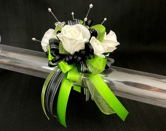 Lime Green Black White Wrist Corsage or Boutonniere, Prom Corsage, Silk Flowers, Formal Event